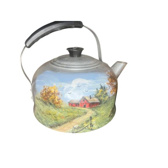 Hand Painted Vintage Teapot With Winter & Fall Scenery 9.25” Diameter - Picture 2 of 8